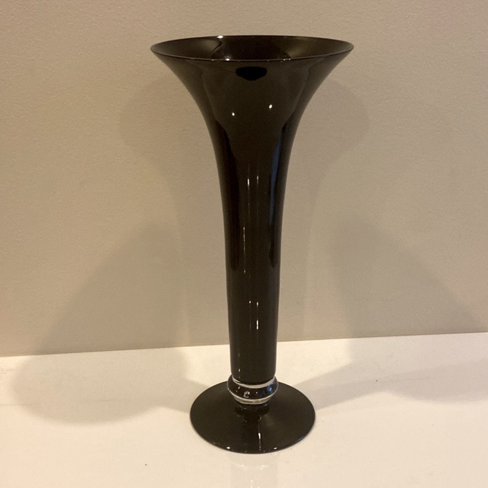Vintage Fluted Hand Blown Glass Art Deco Footed Vase Black Onyx Clear Accent